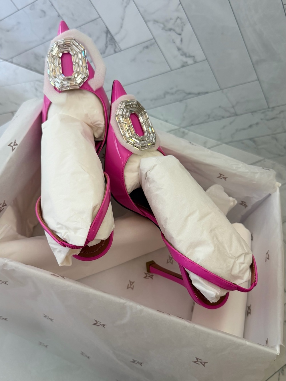 Amina Muaddi Hot Pink Pointed-Toe Slingback Heels with Crystal Buckle - Picture 4 of 10
